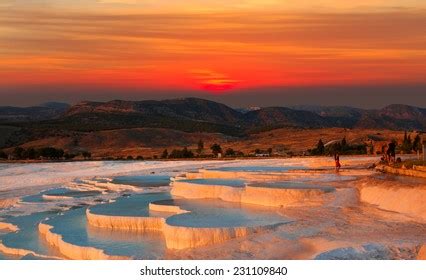 Beautiful Sunrise Natural Travertine Pools Terraces Stock Photo