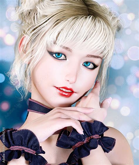 3D woman portrait bright makeup. Blonde hair, blue eyes. Sweet shy ...