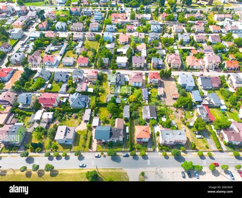 Aerial View Of Residential Houses At Spring Neighborhood Suburb Real