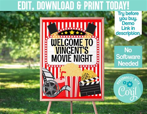 Editable Movie Welcome Sign Party Decoration Movie Birthday Movie