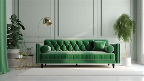 Premium AI Image | A green couch in a living room with a lamp and a lamp.