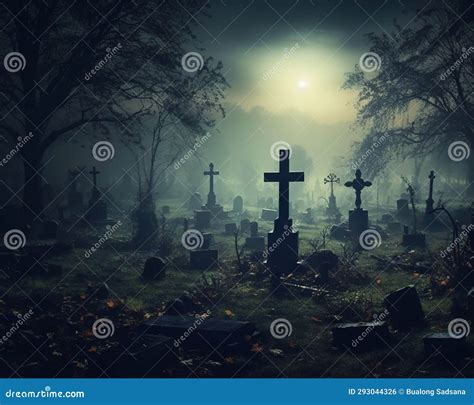 Cemetery in a foggy night. stock illustration. Illustration of tree ...