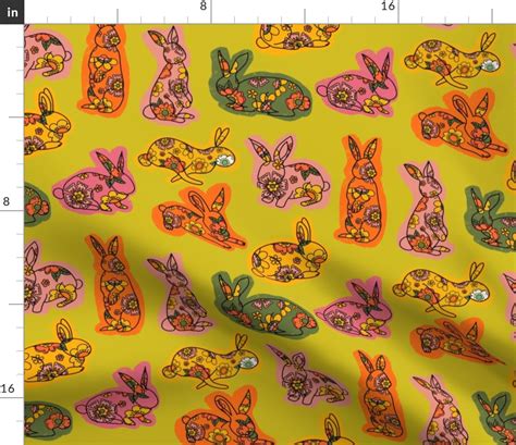 Cute Floral Bunny´s Green Fabric Spoonflower Wallpaper Decor Fabric