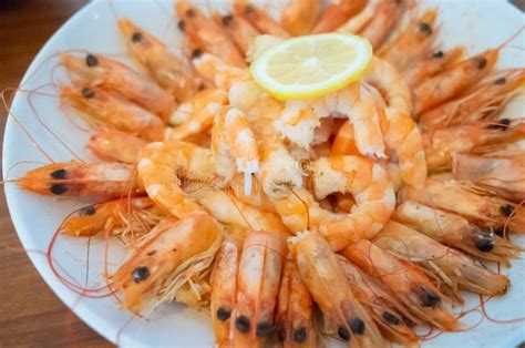 Fresh Fried King Prawns With Sliced Lemon Stock Photo Image Of