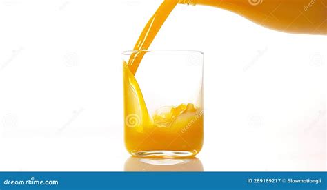 Orange Juice Being Poured Into Glass Against White Background Stock