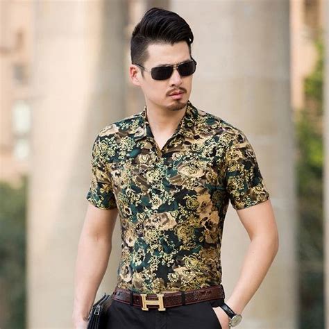 Floral Print Shirt Men 2017 Brand New Gold Bronzing Short Sleeve