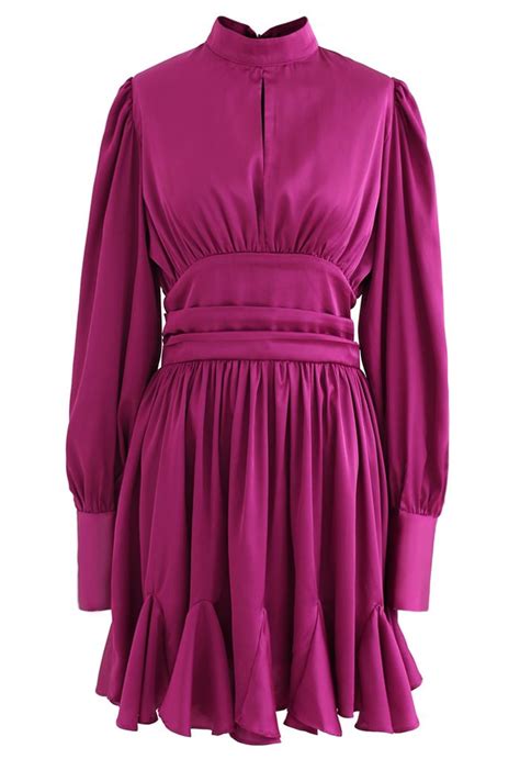 High Neck Puff Sleeves Satin Ruffle Dress In Magenta Retro Indie And