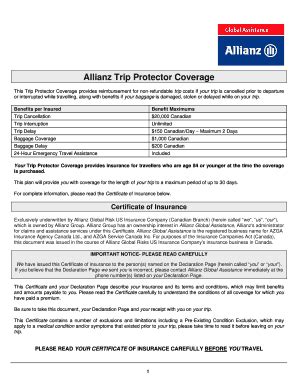 Fillable Online Allianz Assistance View Certificate Of Insurance