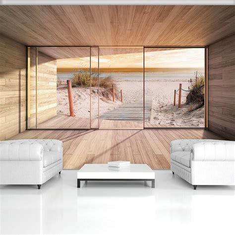 Wallarena 3D Effekt Terrasse Fenster Strand Meer Sand Sonne Glatt 3D