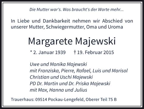 Alle Traueranzeigen F R Majewski Margarete Trauer Rp Online De