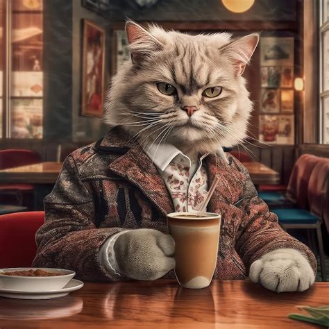 Un gato está sentado en una mesa con una taza de café. | Foto Premium