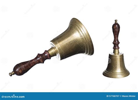 Old School Bell Or Hand Bell Made Of Brass With Wooden Handle Is Stock