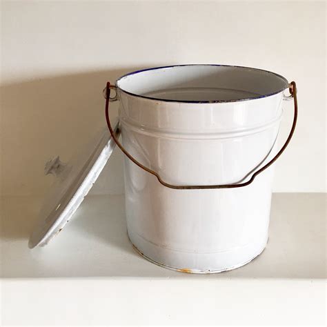 French Vintage Enamel Bucket With Lid White Enamelware Bucket