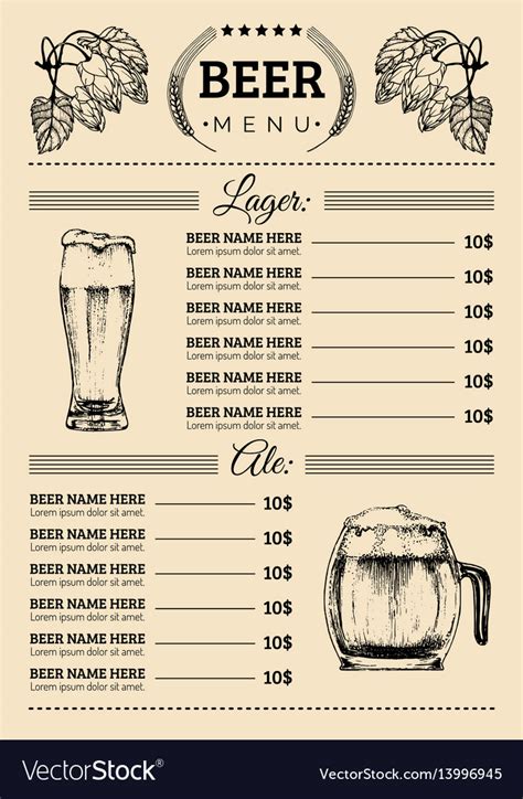 Beer menu design template pub restaurant Vector Image