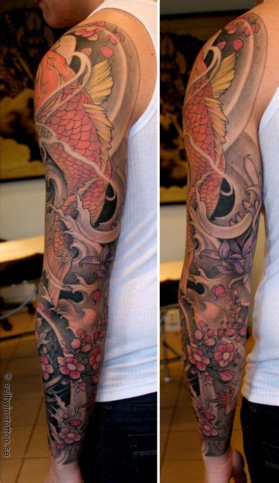 Tatouage Japonais Bras Entier Couleur Carpe Koi Fleurs Vagues Et Pétales Armtatueringar