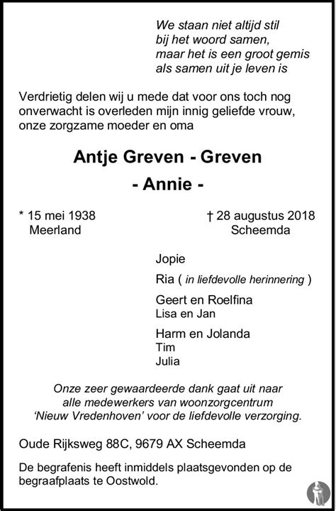 Antje Annie Greven Greven 28 08 2018 Overlijdensbericht En