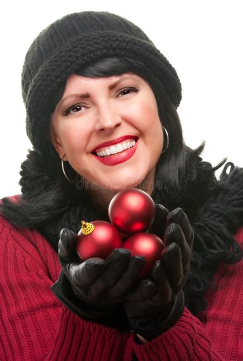 Attractive Woman Holding Red Ornaments Stock Photo Image Of Fragility