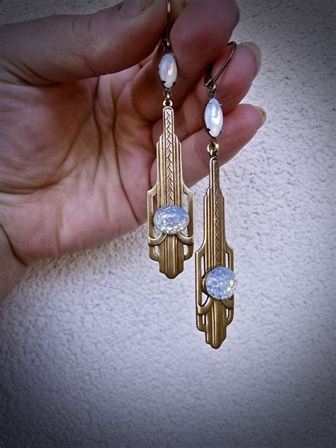 Boucles D Oreilles Art D Co Gatsby En Laiton Bronze Antique Et Cabochon