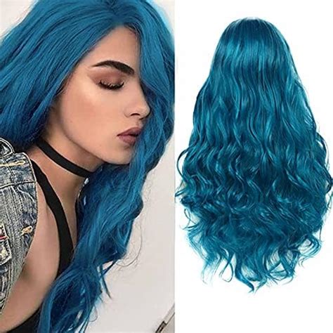 Baruisi Long Curly Wavy Blue Wigs For Women Natural