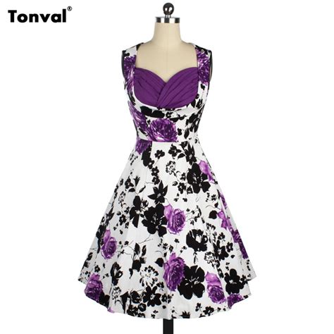 Tonval Women 50s Vintage Floral Swing Dress Audrey Hepburn Tunic Elegant Rockabilly Dresses