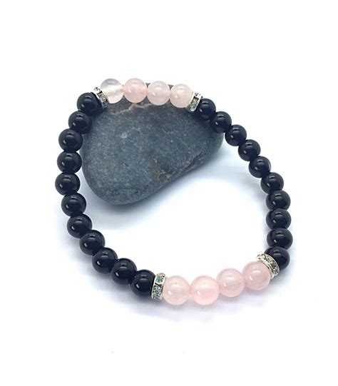 Pulsera Cuarzo Rosa Con Obsidiana Negra Y Dijes De Circonita Bolas Mm