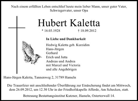 Traueranzeigen Von Hubert Kaletta Trauerportal Ihrer Tageszeitung