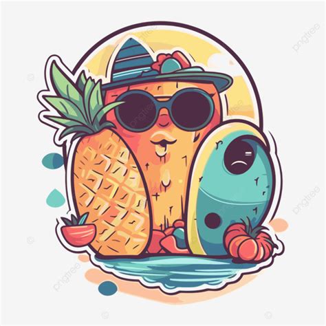 Cartoon Pineapples And Oranges On The Beach Drawing Clipart Vector