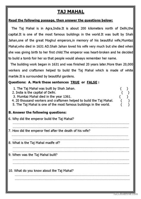 Taj Mahal Reading For Detail Deep English Esl Worksheets Pdf Doc