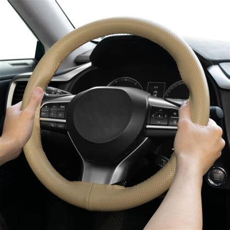 Car Steering Wheel Cover Cowhide Leather Breathable Anti Slip Diy Beige