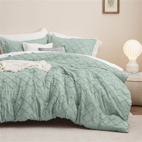 Bedsure Boho Comforter Set King Sage Green Tufted Shabby Chic Bedding