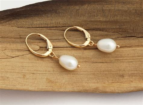 14k Solid Gold Pearl Earrings Gold Pearl Drop Earrings Gold Pearl