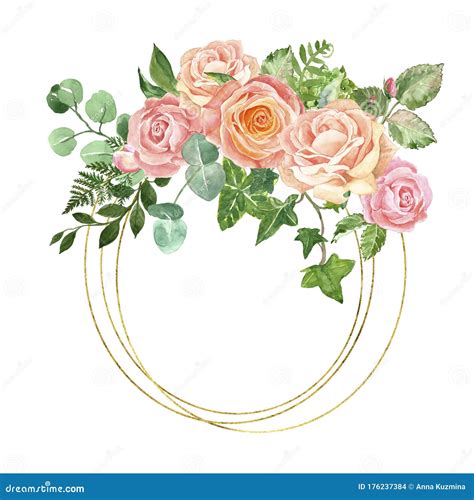 Watercolor Floral Gold Border With Peach Pink And Blush Pink Roses And