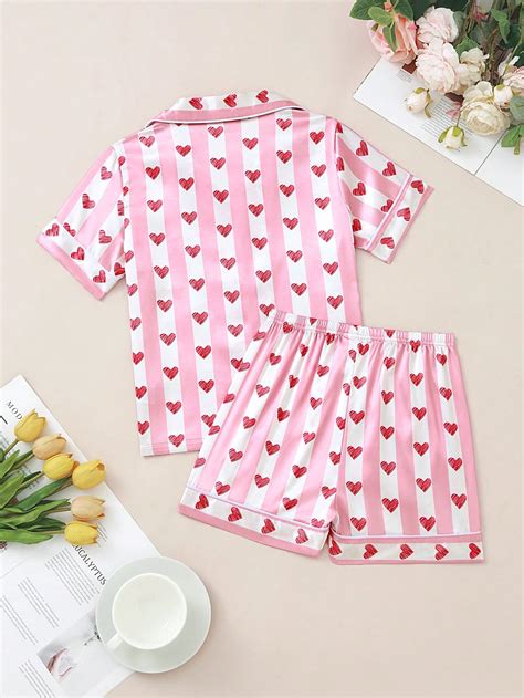 Conjunto De Pijama Chica Con Estampado De Corazón Ribete En Contraste