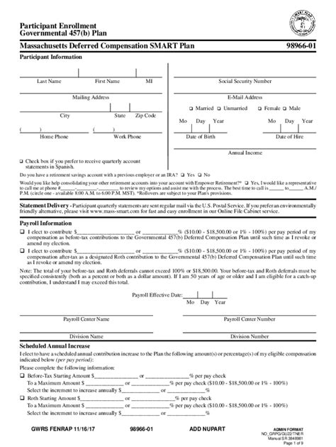 Fillable Online Governmental 457 B Plan Participant Enrollment OBRA