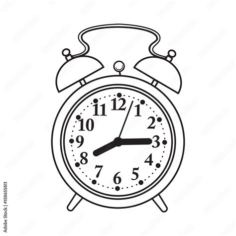 Retro style analog alarm clock, black and white sketch style vector ...