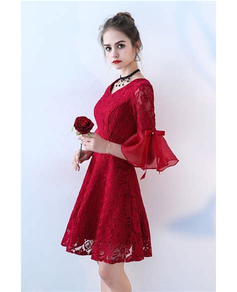 Burgundy Short Aline Lace Homecoming Party Dress Bell Sleeves Bls86075