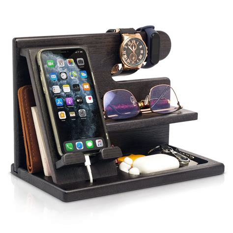 TESLYAR Wood Phone Docking Station Ash Key Holder Wallet Stand Watch