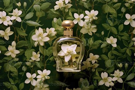 Floral perfume with jasmine flower scent. Glass bottle, scent spray