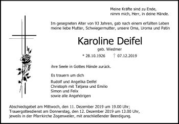 Traueranzeigen Von Karoline Deifel Schwaebische De Trauerportal