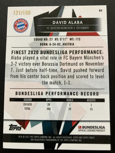 Topps Finest Bundesliga Blue Refractor David Alaba Ed