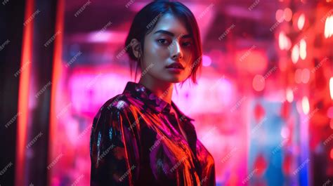 Premium Ai Image A Woman Stands In Front Of A Neon Light