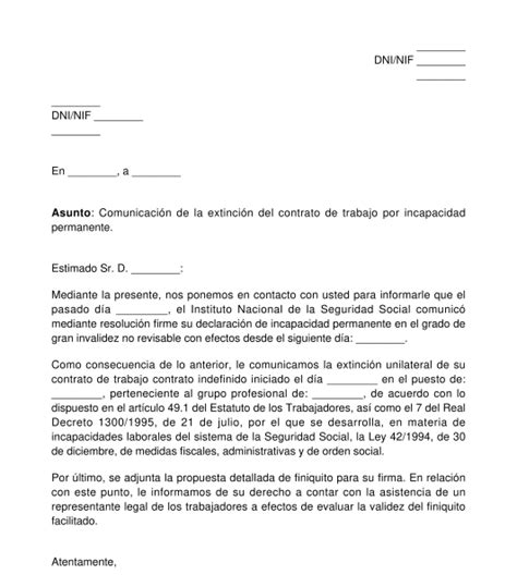 Comunicación De La Extinción De Un Contrato De Trabajo Por Incapacidad