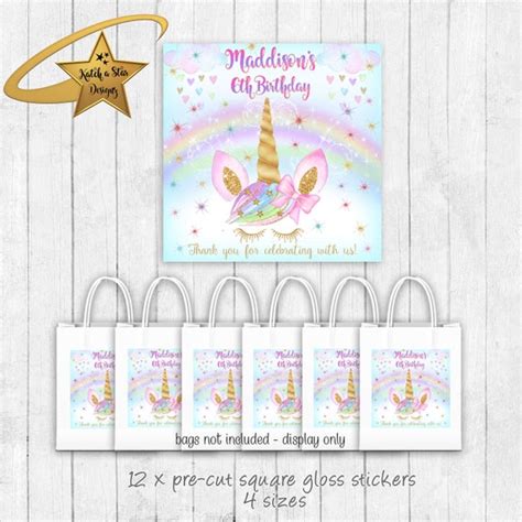 Rainbow Unicorn Birthday Party Personalised Square Gloss Stickers X 12 Or Digital By Katch A