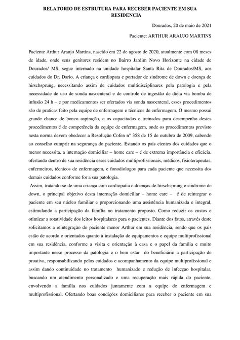 Paciente Arthur Araujo Martins Relatorio De Estrutura Para Receber