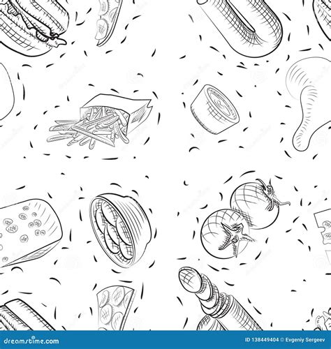 Vector Hand Drawn Doodle Food Seamless Patterns Black White Background