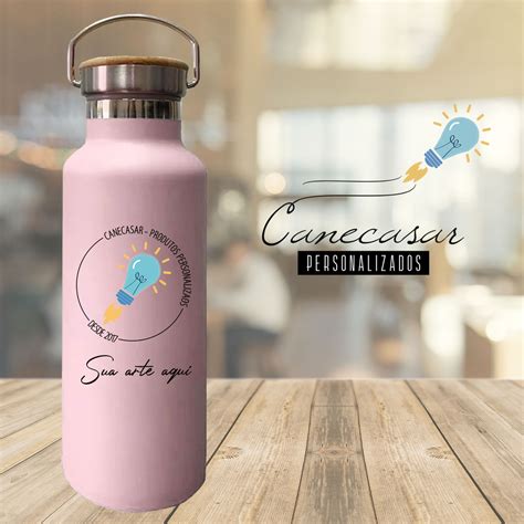 Garrafa térmica Inox personalizada tampa de bambu 500 ml