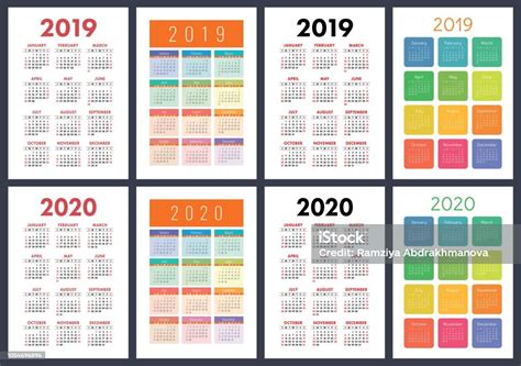 Calendar 2019 2020 Years Basic Vector Set Week Starts On Sunday Design