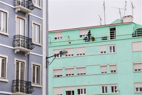 Typical Vintage Portuguese Facade With White Windows Editorial