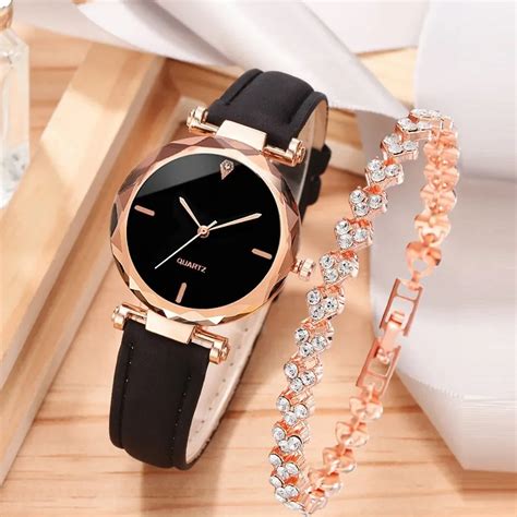 2pcs Luxury Fashion Women Watch Set Multicolour Pu Leather Strap Ladies