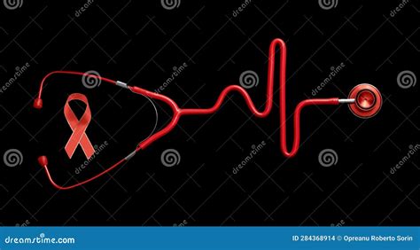 Stethoscope In The Shape Of A Heart Beat On A EKG With Red Silk Ribbon